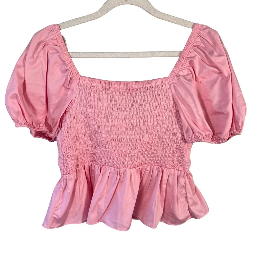 Astr The Label Smocked Pink Puff Peplum Sleeve Blouse Size S Cottagecore Boho